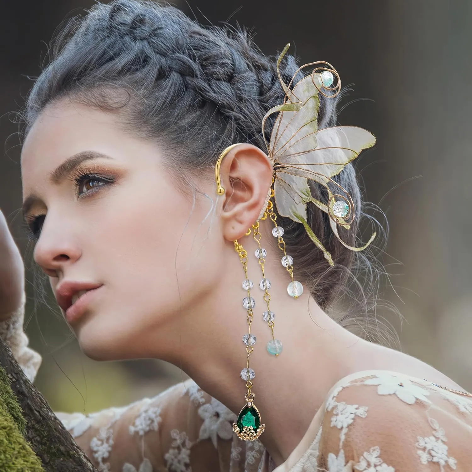 FRESHME Fairy Elf Ear Cuffs - Butterfly Wings Elven Ear Cuffs with Glass Beads Tassel Non Pierced Mermaid Ears for Women