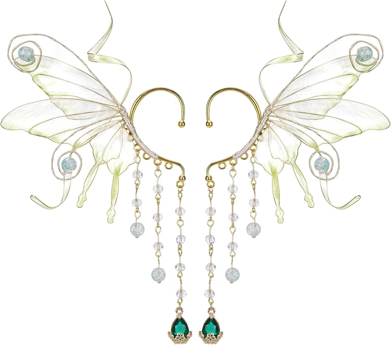 FRESHME Fairy Elf Ear Cuffs - Butterfly Wings Elven Ear Cuffs with Glass Beads Tassel Non Pierced Mermaid Ears for Women