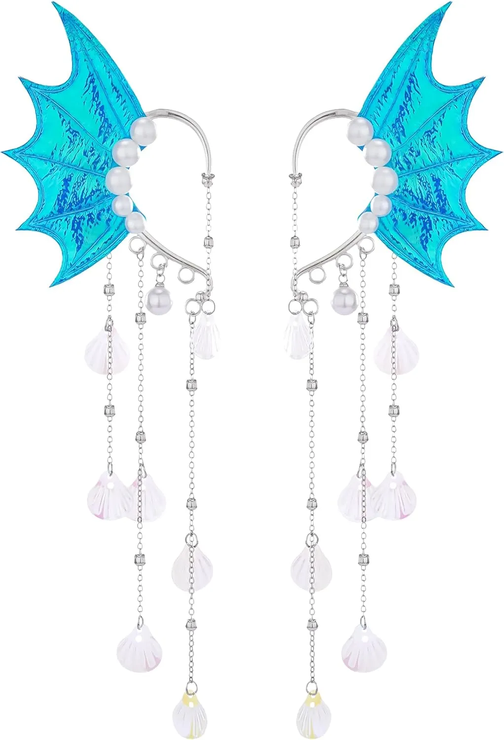 FRESHME Mermaid Elf Ear Cuffs - Fairy Ears Blue No Piercing Elven Ear Clips Wrap with Shell Tassel and Pearl Auricular Fins Dress up Mermaid Renfaire Fantasy Renaissance Cosplay Costume Accessorie