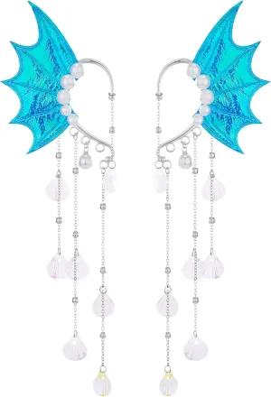FRESHME Mermaid Elf Ear Cuffs - Fairy Ears Blue No Piercing Elven Ear Clips Wrap with Shell Tassel and Pearl Auricular Fins Dress up Mermaid Renfaire Fantasy Renaissance Cosplay Costume Accessorie