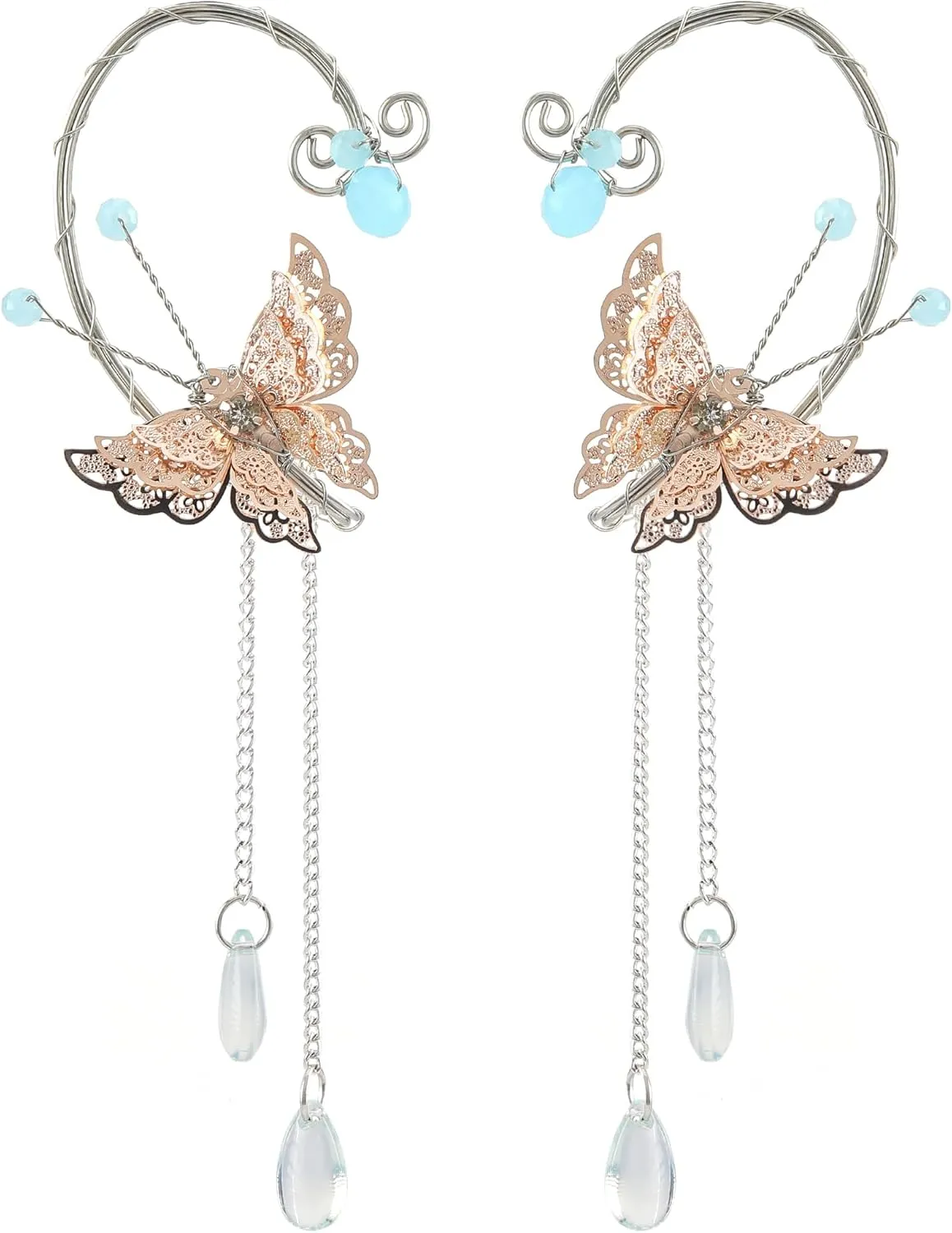 FRESHME Renaissance Fairy Ear Cuffs - Butterfly Elf Ear Cuffs with Tessel Elven Ear Climbers Non Pierced Fantasy Ear Clips Wraps Dress Up Prom Makeup Renfaire Cosplay Accessories for Adults Women