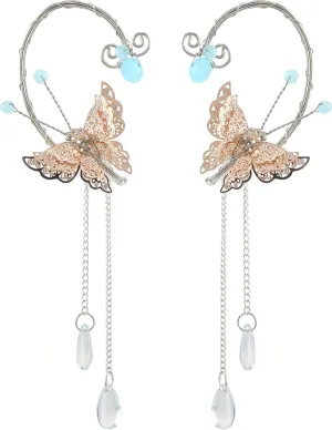 FRESHME Renaissance Fairy Ear Cuffs - Butterfly Elf Ear Cuffs with Tessel Elven Ear Climbers Non Pierced Fantasy Ear Clips Wraps Dress Up Prom Makeup Renfaire Cosplay Accessories for Adults Women