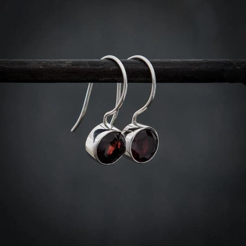 Garnet and Silver Faceted Earrings,January Birthstone,Gemstone Drops, For her