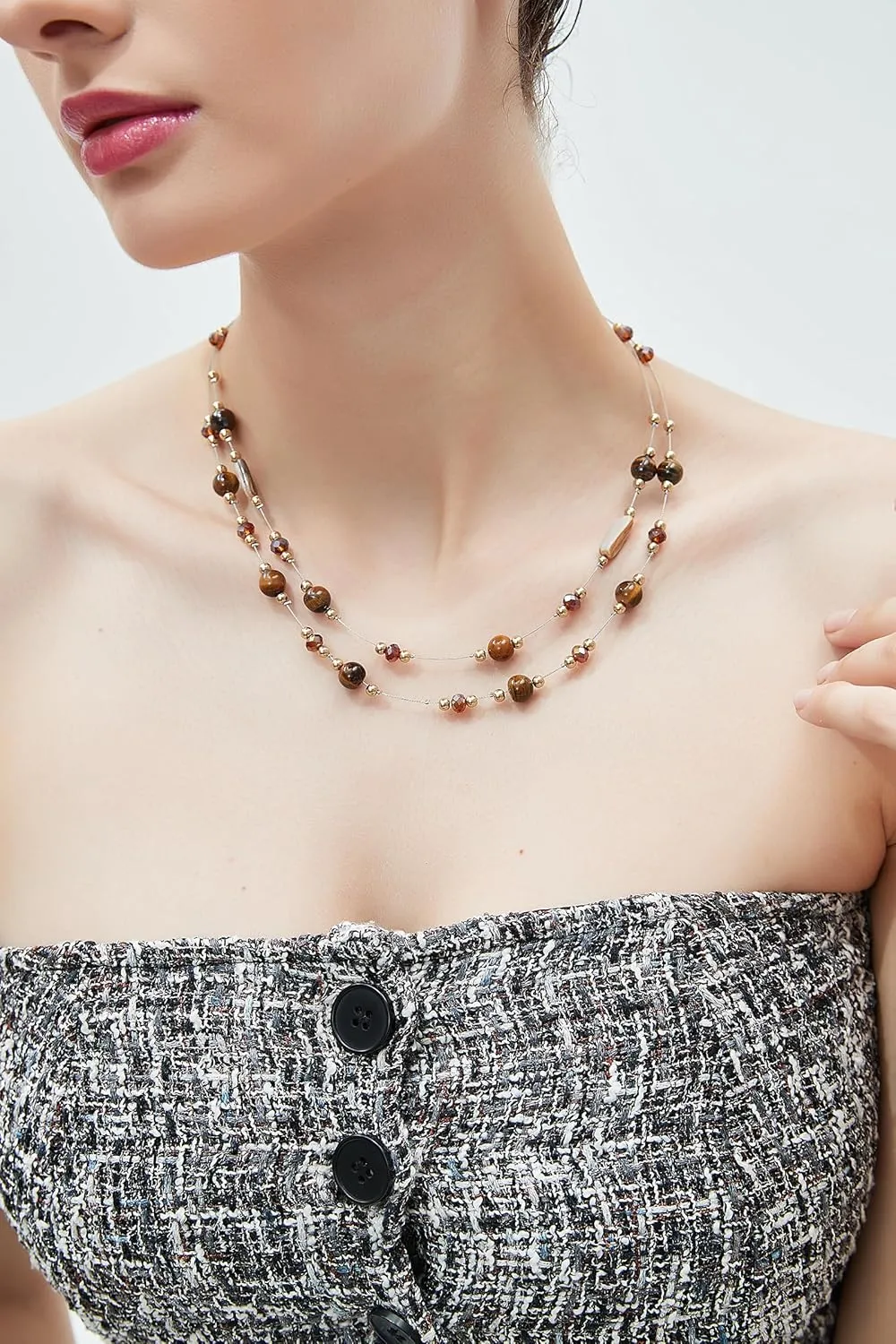 GelConnie Boho Necklaces for Women Layered Beaded Necklaces Pearl Sweater Necklace Turquoise Chunky Necklace Adjustable Choker Necklace for Women