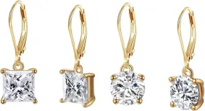 Gemsme Hook-Clasp Drop & Dangle Earrings | Princess and Round Cut Cubic Zirconia Gold Hypoallergenic Drop Dangle Earrings for Women & Mom