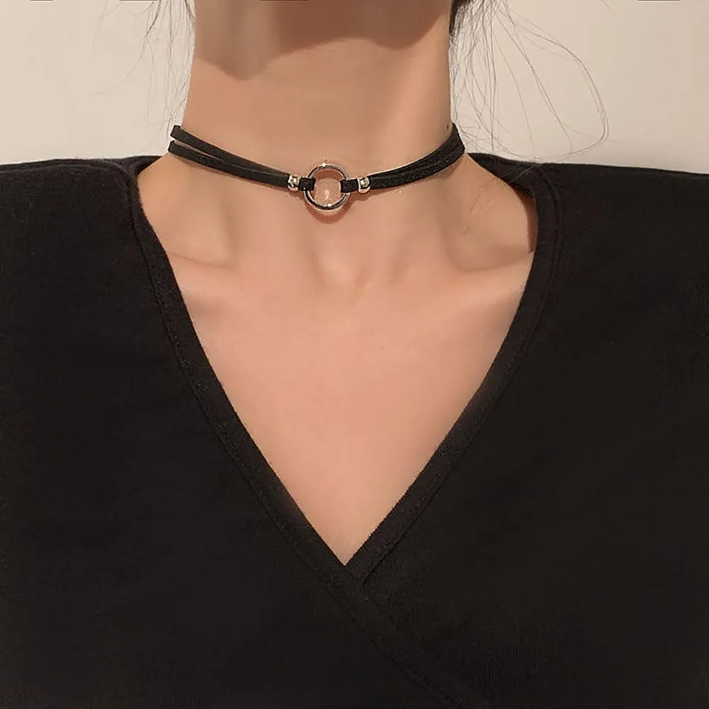 GIGB PBDK Gothic Black Velvet Ribbon Choker Necklaces, Adjustable Layered Gold Circle Charm Choker Necklaces Minimalism Statement Jewelry Gifts for Women