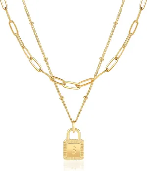 Gold Layered Initial Necklaces for Women 18K Gold Plated Dainty Layered Letter Lock Necklace for Women Gold Padlock Pendant Necklaces Personalized Trendy Jewelry
