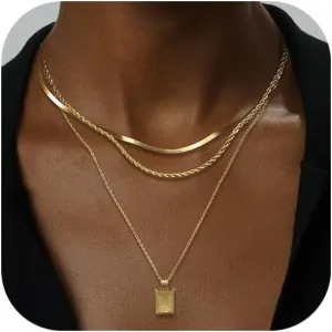 Gold Layered Necklaces for Women Dainty,18K Gold Plated Snake Chain Pendant Necklace Set Trendy,Stackable Twisted Rope Necklaces Jewelry No Tarnish