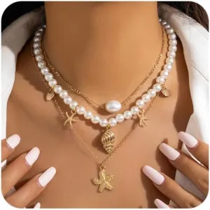 Gold Shell Charm Necklace for Women,Layered Gold Seashell Starfish Necklaces Boho Surfer Beach Necklaces Dainty Summer Vacation Jewelry Costume Accessories
