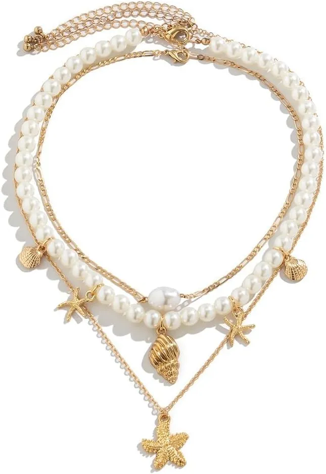 Gold Shell Charm Necklace for Women,Layered Gold Seashell Starfish Necklaces Boho Surfer Beach Necklaces Dainty Summer Vacation Jewelry Costume Accessories