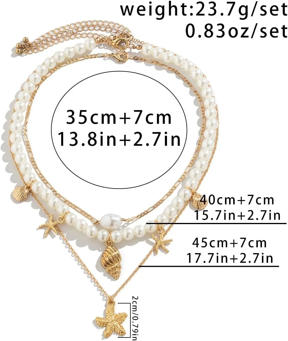 Gold Shell Charm Necklace for Women,Layered Gold Seashell Starfish Necklaces Boho Surfer Beach Necklaces Dainty Summer Vacation Jewelry Costume Accessories
