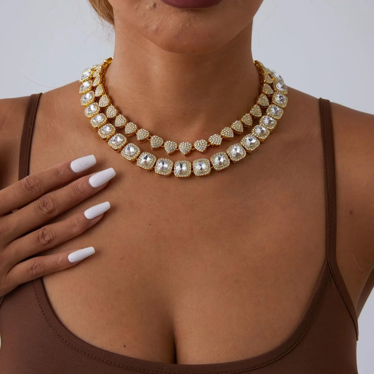 Gold Silver Cuban Link Chain for Women Heart Tennis Necklaces Diamond Chain Choker Necklace Layered Necklace Rhinestone Bling Necklace for Women Hip Hop Jewelry