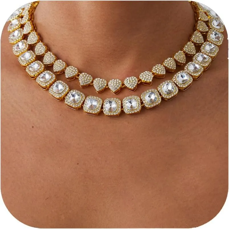 Gold Silver Cuban Link Chain for Women Heart Tennis Necklaces Diamond Chain Choker Necklace Layered Necklace Rhinestone Bling Necklace for Women Hip Hop Jewelry