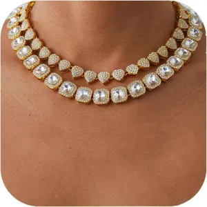 Gold Silver Cuban Link Chain for Women Heart Tennis Necklaces Diamond Chain Choker Necklace Layered Necklace Rhinestone Bling Necklace for Women Hip Hop Jewelry
