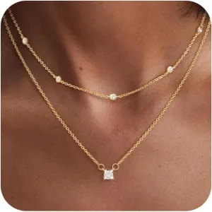 Gold/Sliver Layered Necklace for Women,Dainty 14K Gold/Sliver Plated CZ Pendant Necklace Trendy Choker Necklace Jewelry Gift for Women