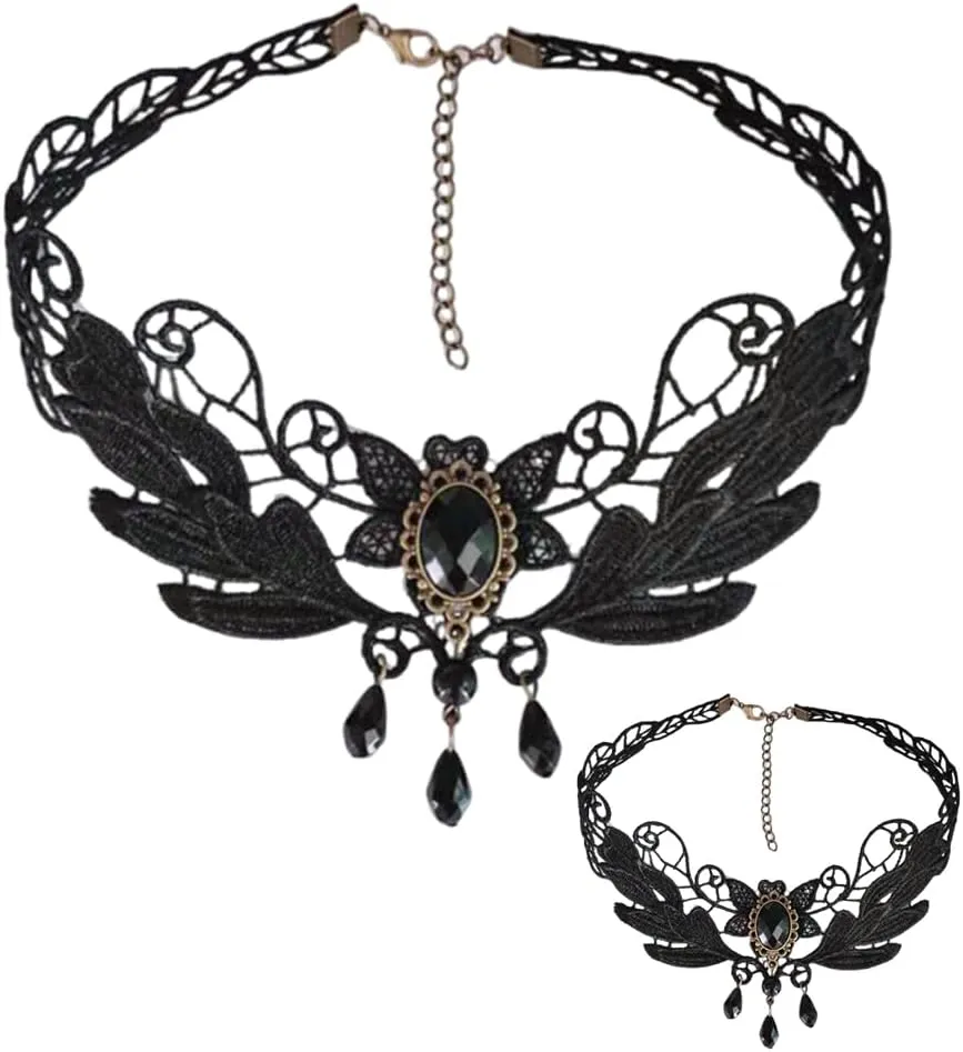 Gothic Black Lace Choker Necklaces Arm Cuff for Women,Vintage Punk Style Halloween Collar Necklaces,Adjustable Bracelet Lolita Tassel Jewelry Set,2 Pieces