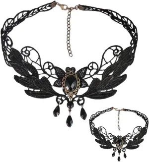 Gothic Black Lace Choker Necklaces Arm Cuff for Women,Vintage Punk Style Halloween Collar Necklaces,Adjustable Bracelet Lolita Tassel Jewelry Set,2 Pieces