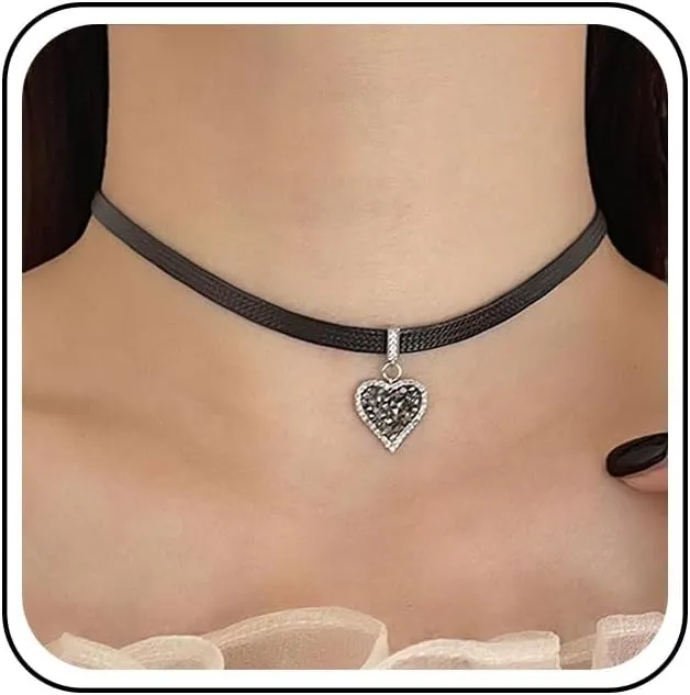 Gothic Black Leather Choker Necklace Silver Rhinestone Heart Collar Necklace Crystal Cz Love Heart Necklaces Black Velvet Leather Necklaces Jewelry for Women