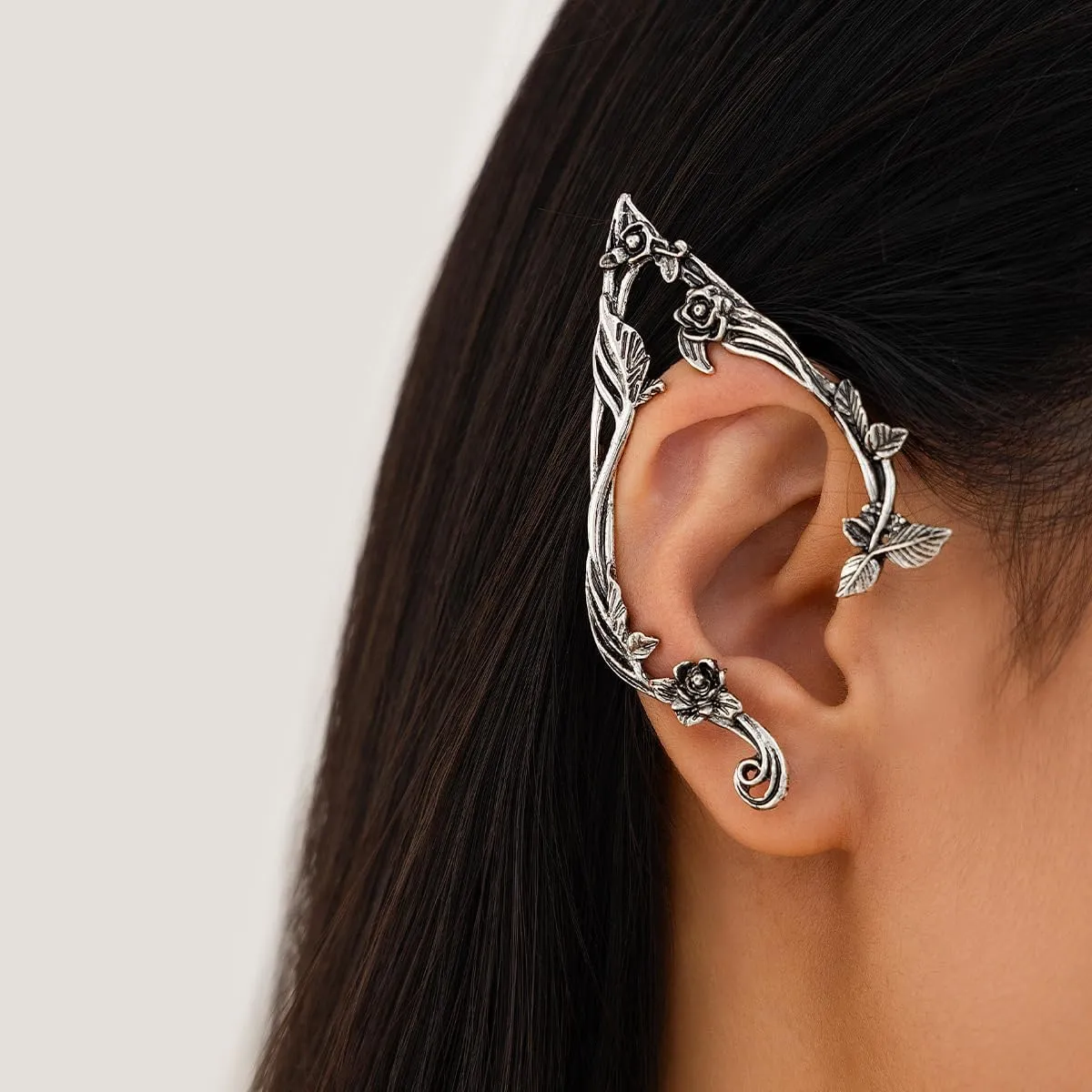Gothic Elves Ear Cuff 2pcs Piercing Cartilage Climber Ear Wrap Retro Silver Gold Floral Vine Stud Earrings Punk Hip Hop Clip on Statement Earrings for Women