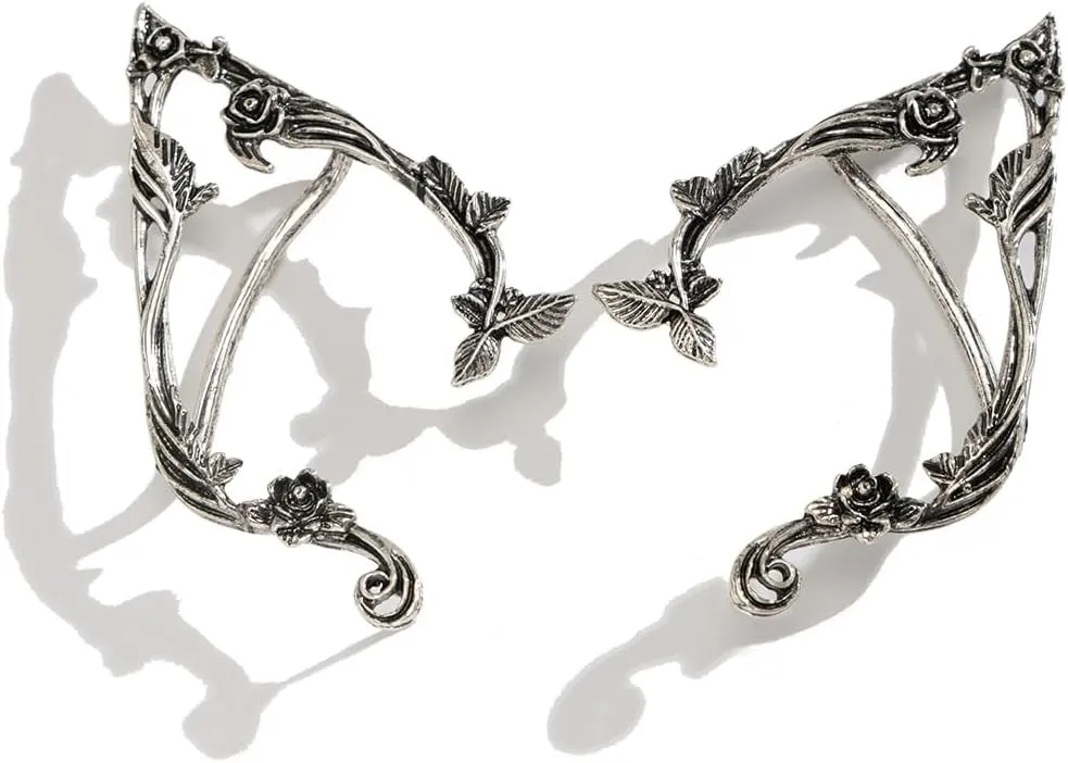 Gothic Elves Ear Cuff 2pcs Piercing Cartilage Climber Ear Wrap Retro Silver Gold Floral Vine Stud Earrings Punk Hip Hop Clip on Statement Earrings for Women