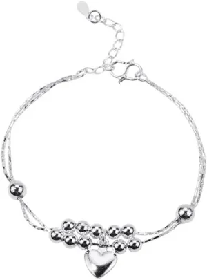Heart Anklet, Anklets Sterling Silver Double Chain with Bead Silver Foot Jewelry Beach Summer for Women 10Inch(25cm)