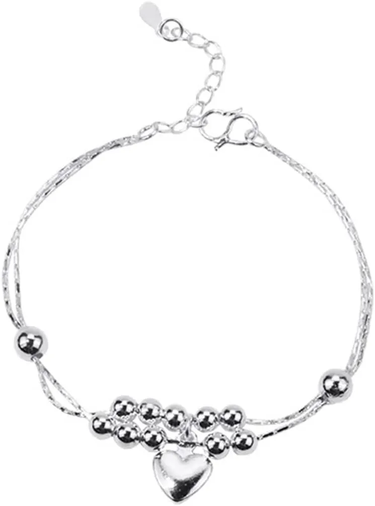 Heart Anklet, Anklets Sterling Silver Double Chain with Bead Silver Foot Jewelry Beach Summer for Women 10Inch(25cm)