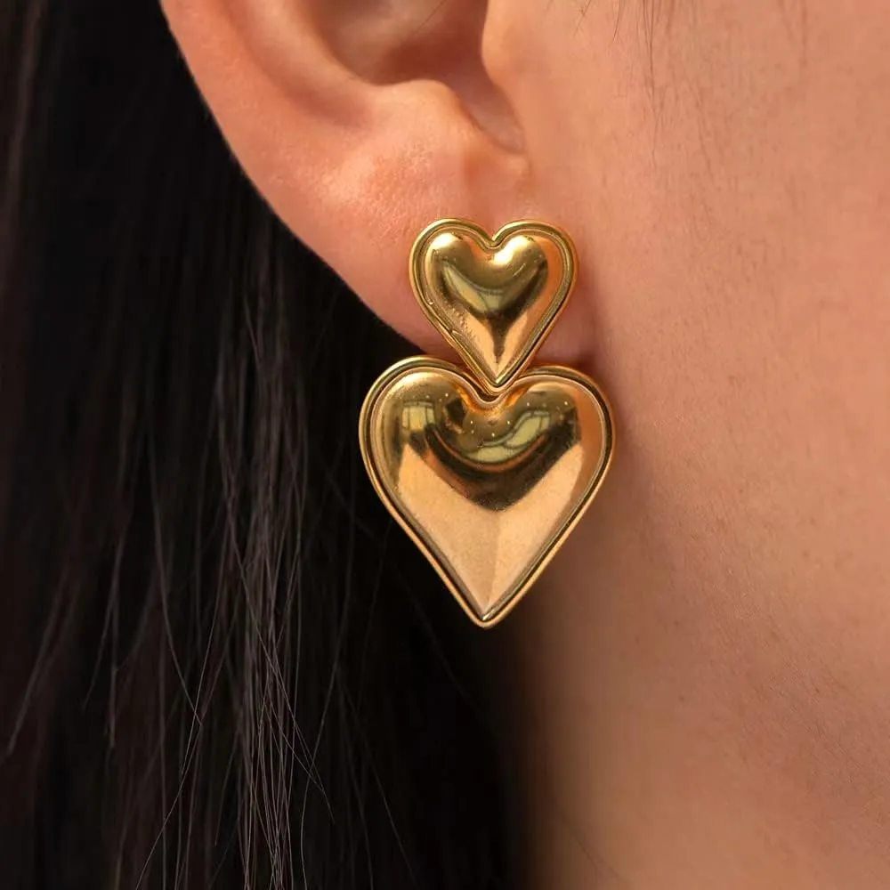 Heart Drop Earrings Double Heart Statement Dangle Earrings for Women Gold Silver