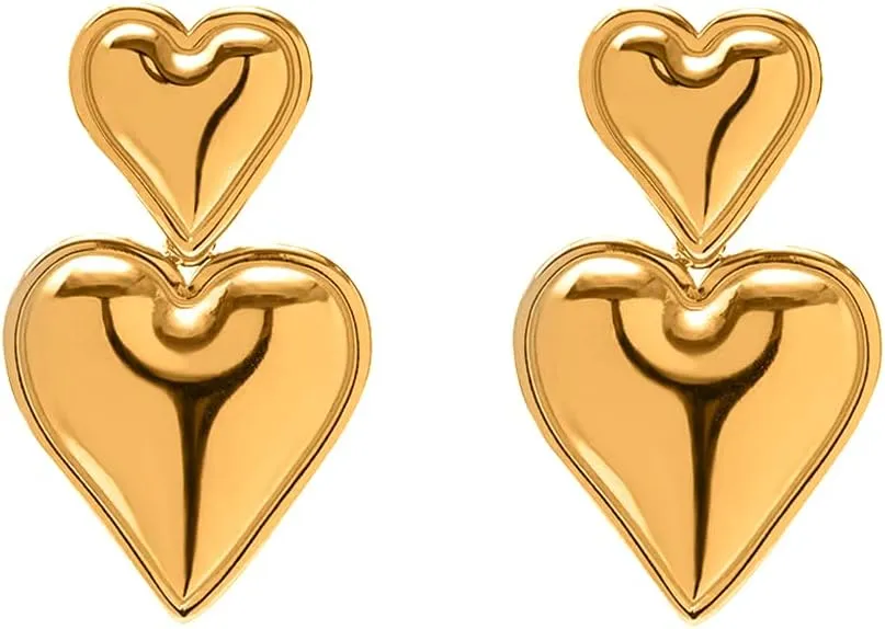 Heart Drop Earrings Double Heart Statement Dangle Earrings for Women Gold Silver