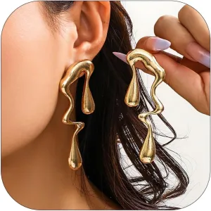 Irregular Waterdrop Earrings for Women Chunky Gold Earrings Liquid Metal Earrings Drip Earrings Hypoallergenic Statement Earrings Jewelry Gifts for women (Gold)