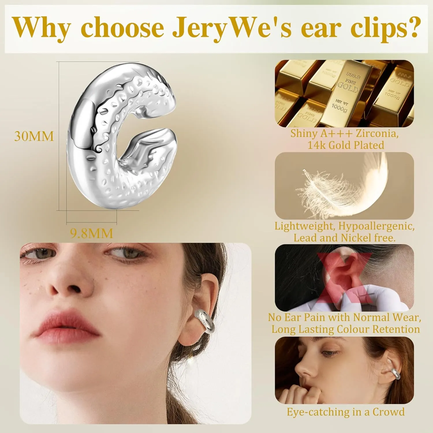 JeryWe Ear Cuff Earrings for Women Non Piercing - 14K Gold Plated Huggie Hoop, Clip On Elegant Ear Clips, Cartilage Wrap, Fashionable Fake Earring Cuffs for Non Pierced Ears 2PCS