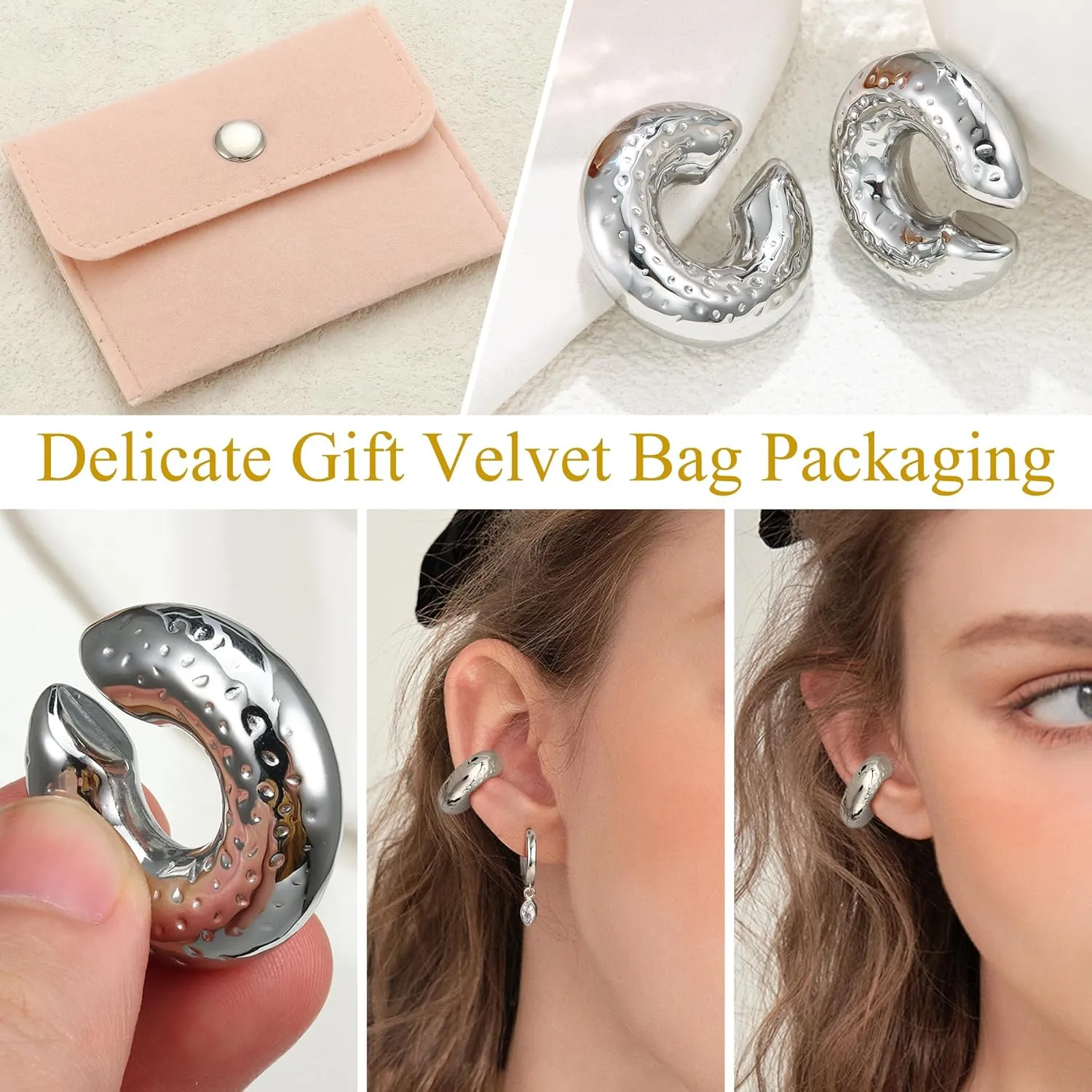 JeryWe Ear Cuff Earrings for Women Non Piercing - 14K Gold Plated Huggie Hoop, Clip On Elegant Ear Clips, Cartilage Wrap, Fashionable Fake Earring Cuffs for Non Pierced Ears 2PCS