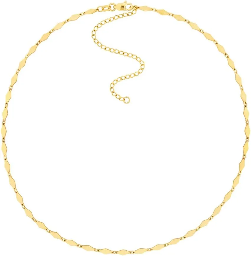JewelryWeb 14k Yellow Gold Mirror Diamond Shape Link Adjustable Choker Lobster Lock Closure Necklace 16 Inch-Choker-Necklace for Women