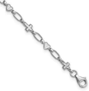 JewelryWeb 4.25mm 925 Sterling Silver Rhodium Plated Love Heart and Religious Faith Cross Anklet 10 Inch-Anklet for Women