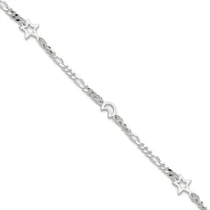 JewelryWeb 925 Sterling Silver Fancy Lobster Closure Polished Celestial Moon and Star With 1inch Ext. Anklet-Anklet for Women