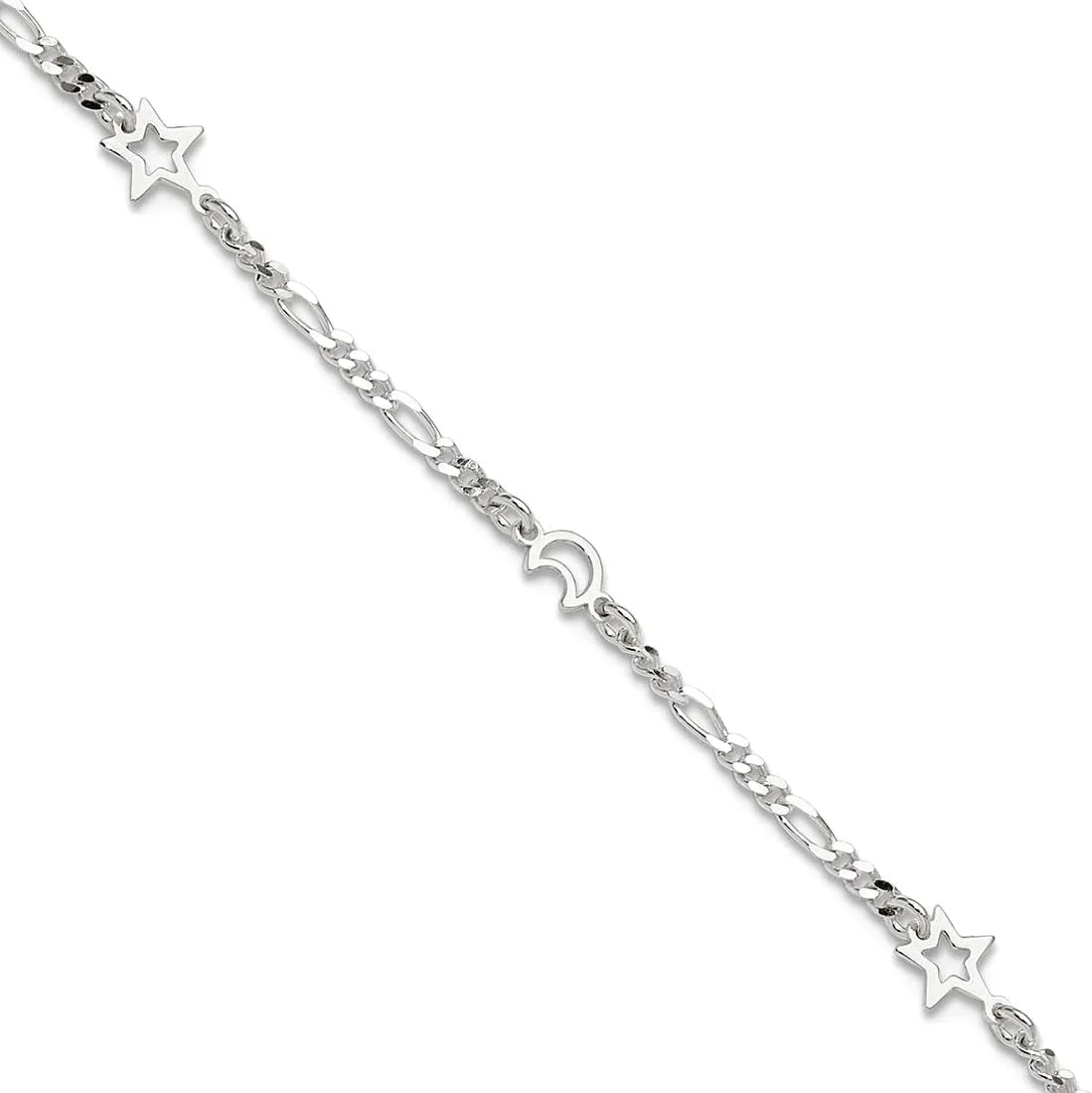 JewelryWeb 925 Sterling Silver Fancy Lobster Closure Polished Celestial Moon and Star With 1inch Ext. Anklet-Anklet for Women