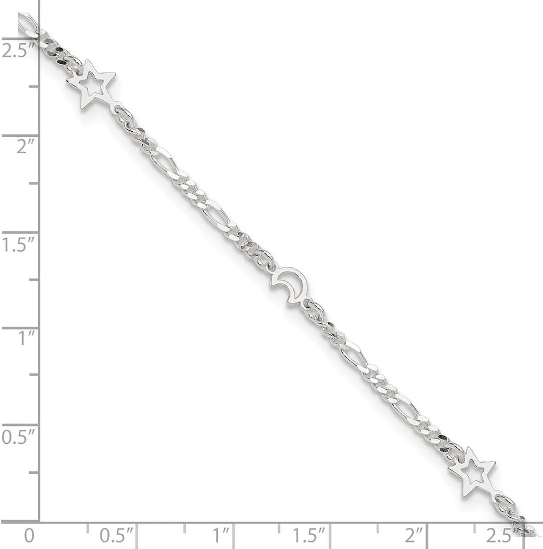 JewelryWeb 925 Sterling Silver Fancy Lobster Closure Polished Celestial Moon and Star With 1inch Ext. Anklet-Anklet for Women