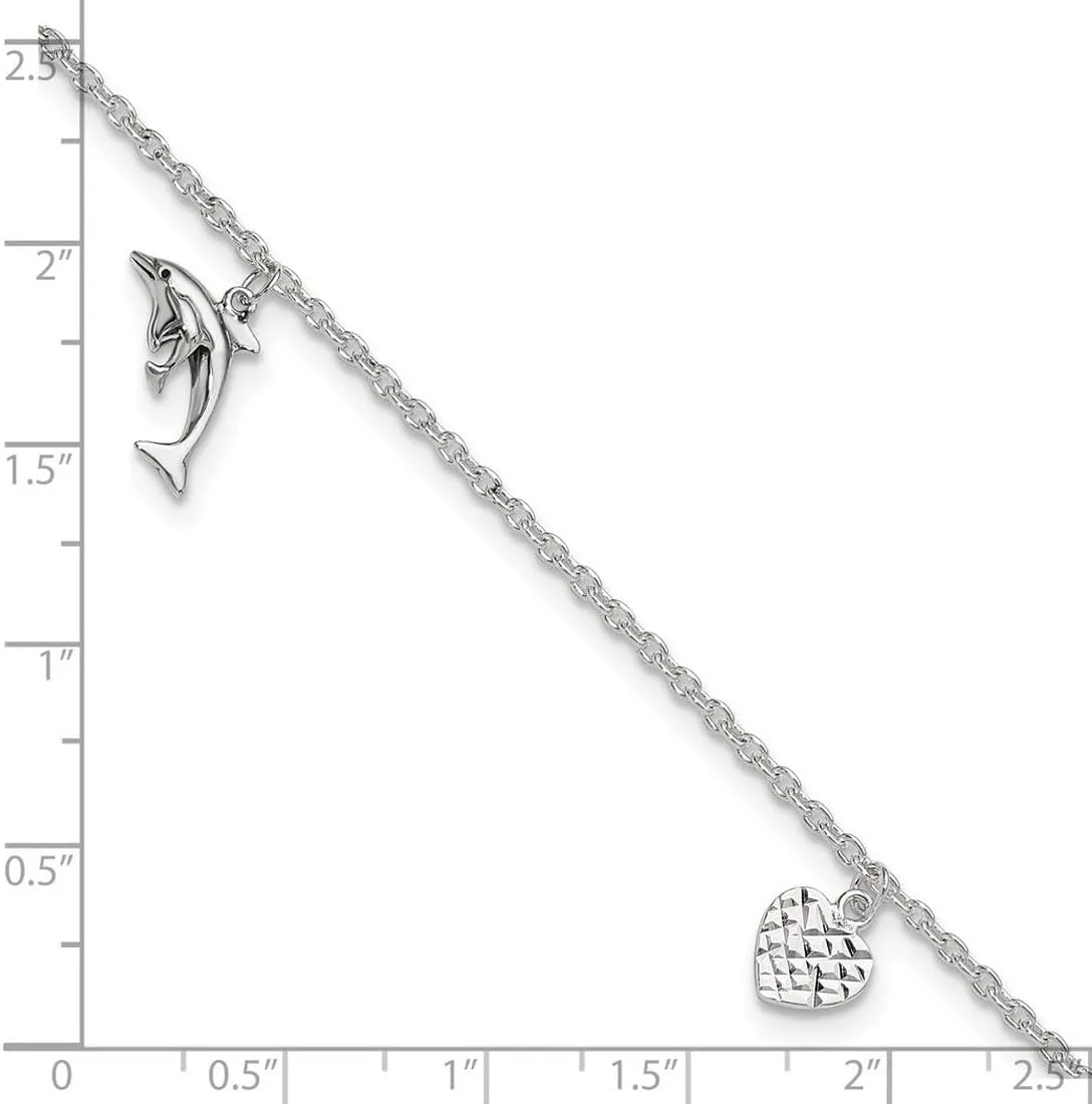 JewelryWeb 925 Sterling Silver Fancy Lobster Closure Polished Love Heart Star and Dolphin Anklet-Anklet for Women