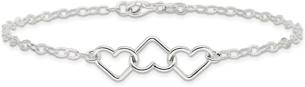 JewelryWeb 925 Sterling Silver Polished Fancy Lobster Closure Solid-Fancy Love Heart Link Anklet-Lobster Claw 9mm Wide-Anklet for Women