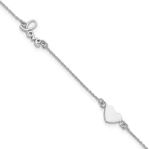 JewelryWeb 925 Sterling Silver Rhodium Plated Heart and Love With 1inch Ext. Anklet 9 Inch 1mm Wide-Anklet for Women