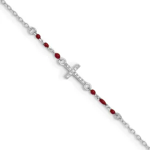 JewelryWeb 925 Sterling Silver Rhodium Plated Polished CZ Simulated Diamond Red Enamel Bead Religious Faith Cross Anklet 10 Inch-Anklet for Women