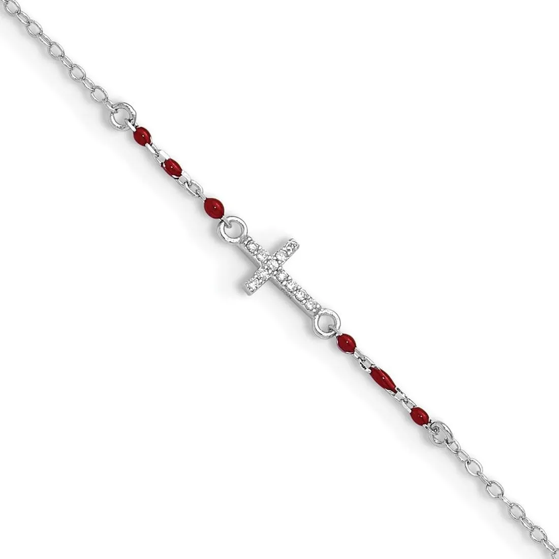 JewelryWeb 925 Sterling Silver Rhodium Plated Polished CZ Simulated Diamond Red Enamel Bead Religious Faith Cross Anklet 10 Inch-Anklet for Women