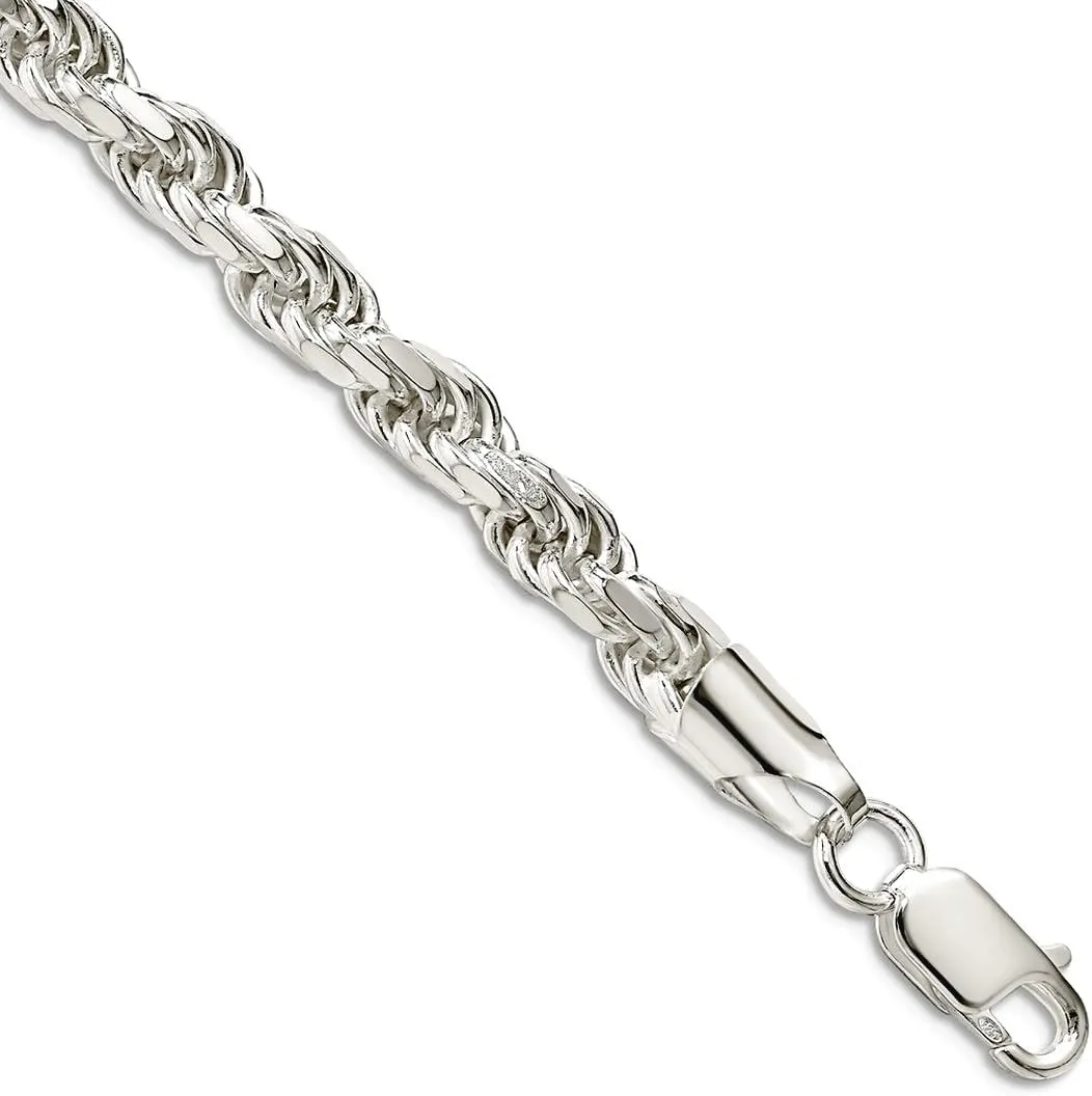 JewelryWeb 925 Sterling Silver Solid Lobster Claw Closure 5.75mm Sparkle Cut Rope Chain Bracelet Link-Bracelet for Women and Men
