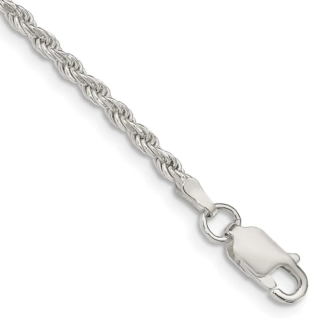 JewelryWeb 925 Sterling Silver Solid Polished 2.25mm D Cut Rope Chain Anklet 9 Inch Lobster Claw-Anklet for Women and Men
