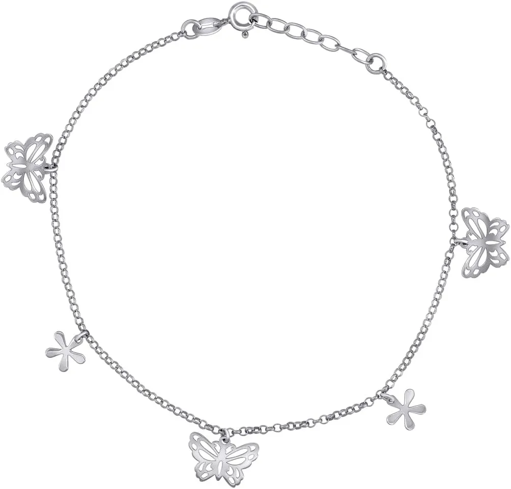JewelryWeb 925 Sterling Silver Women Fashion Butterfly Angel Wings and Flower Anklet 10 Inch 10.6mm Long-Anklet for-Women