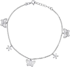 JewelryWeb 925 Sterling Silver Women Fashion Butterfly Angel Wings and Flower Anklet 10 Inch 10.6mm Long-Anklet for-Women