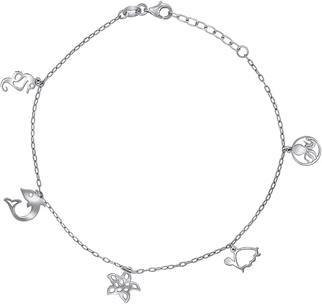 JewelryWeb 925 Sterling Silver Womens Ocean Life Charms Anklet 10 Inch 13.4mm Long-Anklet for Women