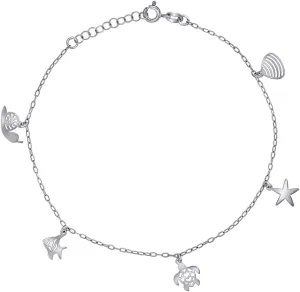 JewelryWeb 925 Sterling Silver Womens Ocean Life Charms Anklet 10 Inch 13.5mm Long-Anklet for Women