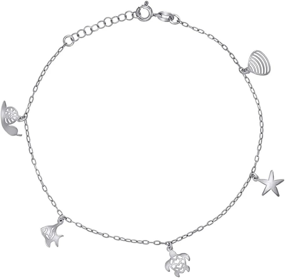 JewelryWeb 925 Sterling Silver Womens Ocean Life Charms Anklet 10 Inch 13.5mm Long-Anklet for Women