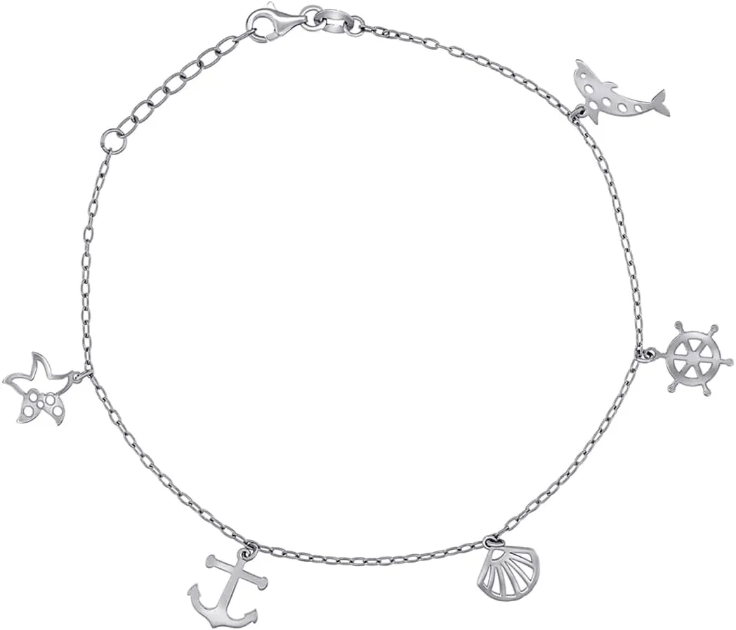 JewelryWeb 925 Sterling Silver Womens Ocean Life Charms Anklet 10 Inch 14.7mm Long-Anklet for Women