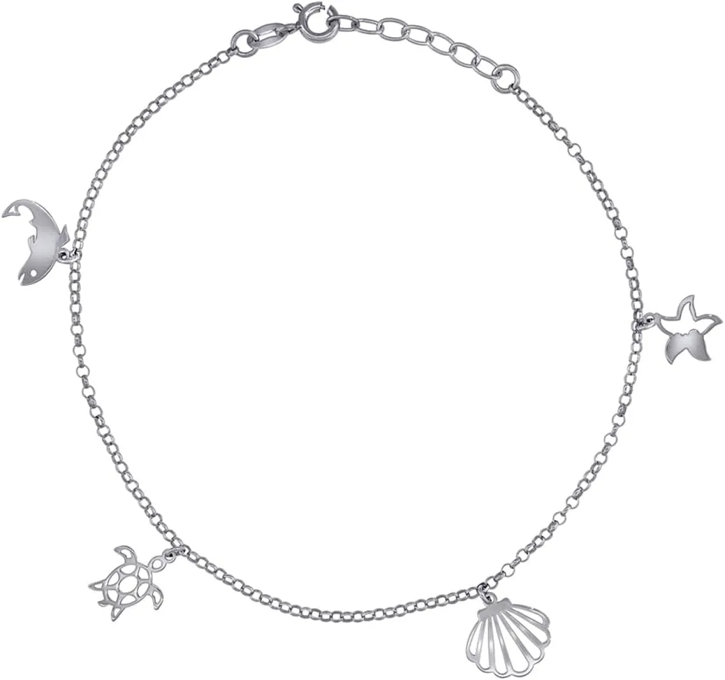 JewelryWeb 925 Sterling Silver Womens Ocean Life Charms Anklet 10 Inch 14mm Long-Anklet for Women
